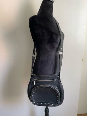Vintage Genuine Leather Black Studded Crossbody Bag Made in Canada Multi Pocket